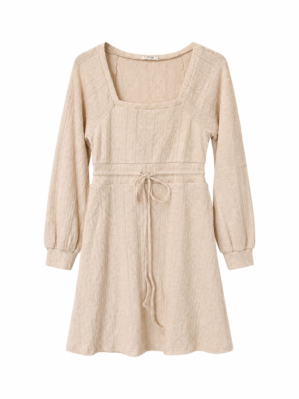 bohme Cream Textured Long-Sleeve Square Neck Drawstring Dress